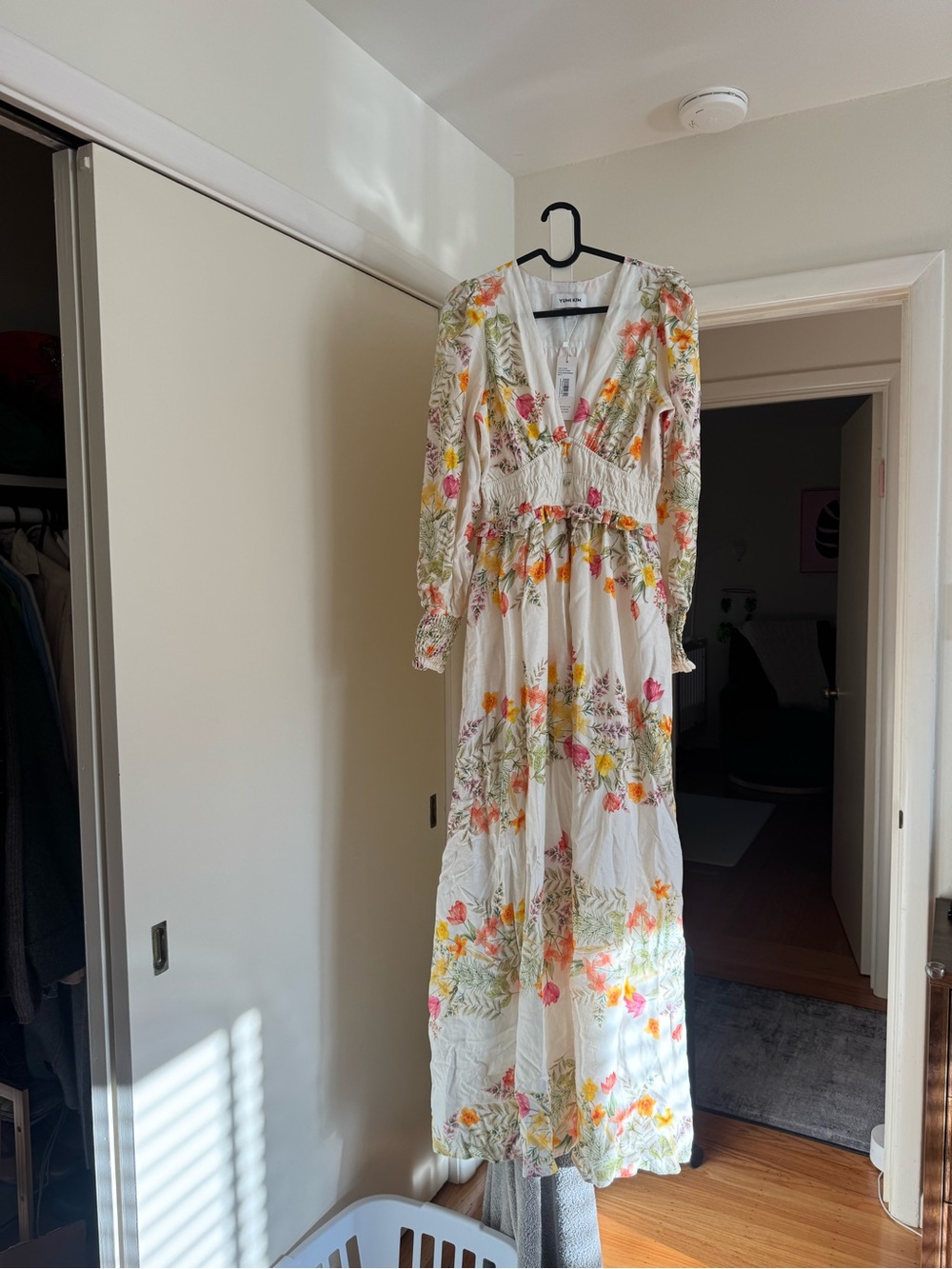 Yumi Kim White Floral V-Neck Maxi Dress with Pink & Yellow Blooms